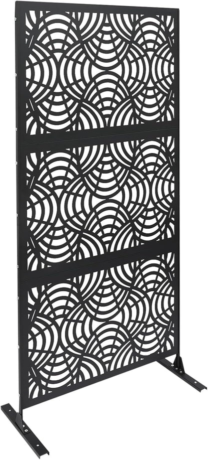 75" H×35" W Decorative Outdoor Privacy Screen with Stand, Outdoor Decor Privacy Fence Screen Metal Fence Panels, Free Standing Metal Divider for Patio Lawn Deck (Black -Curved Pattern)