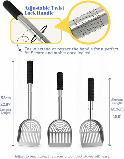 Adjustable Ash Shovel with Sifter, 16–21 Inch Extendable Handle – Heat-Resistant Coal Scoop for Fireplace, Wood Stove, and Fire Pit Tools (1, Stainless Steel)