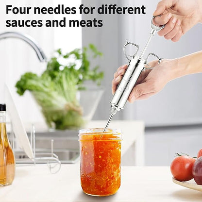 Meat Injector Syringe 2-oz Marinade Flavor Barrel 304 Stainless Steel with 3 Marinade Needles for BBQ Grill Smoker, Turkey, Fish, Brisket, Paper Silicone Brush and Instruction Included by Kendane
