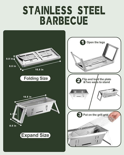 4ft Folding BBQ Table with Wing Plate, Height Adjustable Metal Table with Small Charcoal Grill, Portable Outdoor Table Removable to Two Tables (Bright Black)