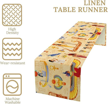 Egypt Table Runner, Ancient Egyptian Mythology Gods Hieroglyphic Elements Retro Farmhouse Table Runner for Home Kitchen Dining Party Indoor Outdoor 13x70in