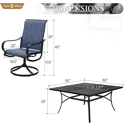 Sophia & William Outdoor Dining Set Patio Dining Sets Patio Table and Chairs Set 9 Pieces Square Outdoor Dining Table 60" for 8 with Swivel Patio Chairs for Garden Pool All Weather Blue