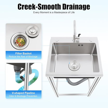 Free Standing Single Bowl Kitchen Sink Commercial, Outdoor Utility Sink Stainless Steel with Water Pipe Faucet Small Portable Sink Hand Wash Station for Garage Garden Backyard (18X16X30in)