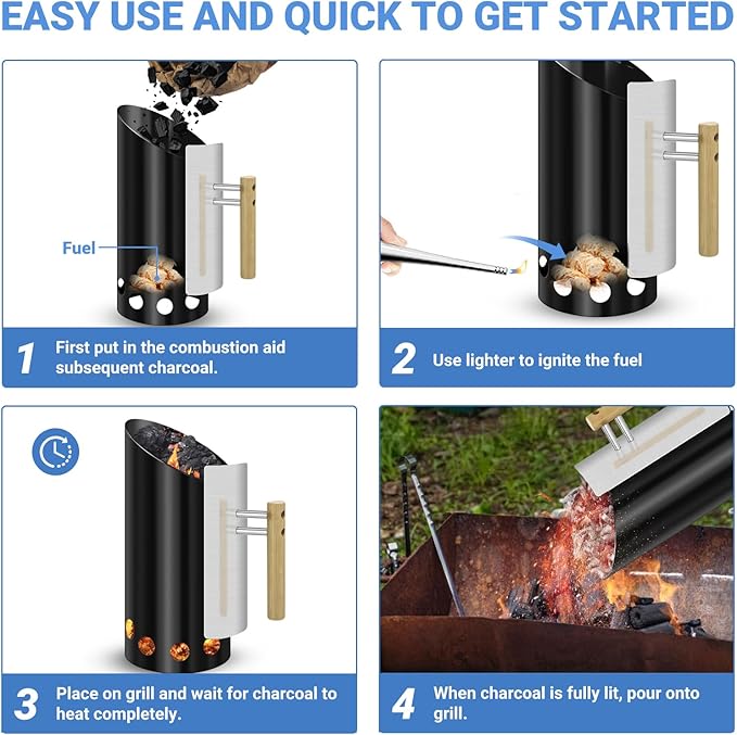 Color Box Charcoal Chimney Starter 6.25X14.5 H Natural Restoration Doubel Enamel firepit Starter,High-Temperature Resistant Carbon Cylinder,Large Capacity, Heat Shield, Wooden Handle