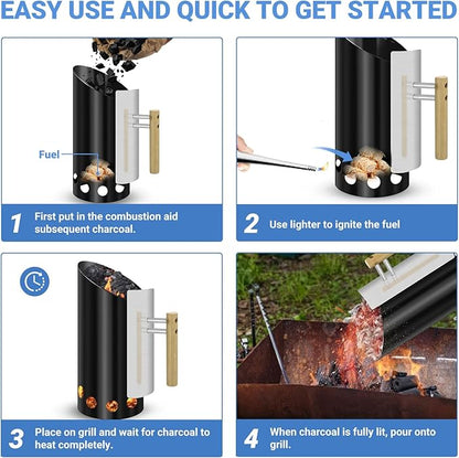Color Box Charcoal Chimney Starter 6.25X14.5 H Natural Restoration Doubel Enamel firepit Starter,High-Temperature Resistant Carbon Cylinder,Large Capacity, Heat Shield, Wooden Handle
