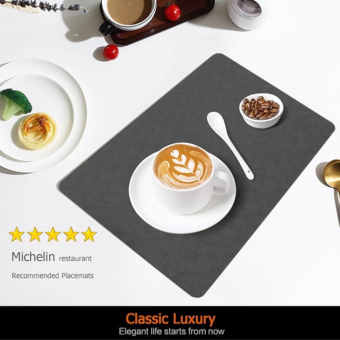 Vinyl Placemats Set of 6 Faux Leather 100% Waterproof Wipeable Washable Place Mats Heat Resistant Easy Clean Non-Slip Table Mats for Indoor Outdoor. (6,Gray)