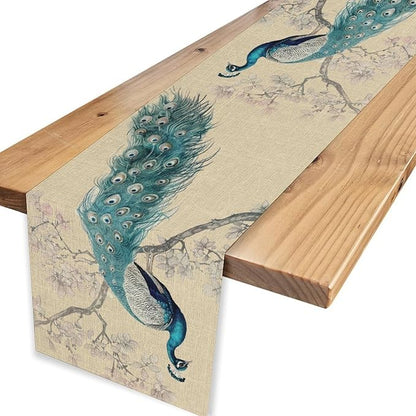 Peacock Table Runner,Retro Rustic Traditional Chinese Style Blossom Branch Table Runner Decor for Home Kitchen Dining Patio Holiday Party Indoor Table Decorations, 13"x90"