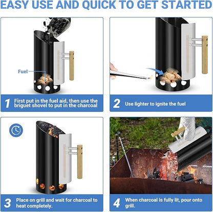 Charcoal Chimney Starter with Insulation Gloves and Briquet Shovel Set,Double Enameled Chimney Starter Double The Service Life with Heat Shield & Wood Handle Heat Insulation and Easy Grip