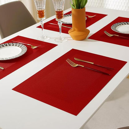 Vinyl Placemats Heat-Resistant Table Mats Washable Easy Clean Plastic Placemats for Dining Table Set of 4(Red)