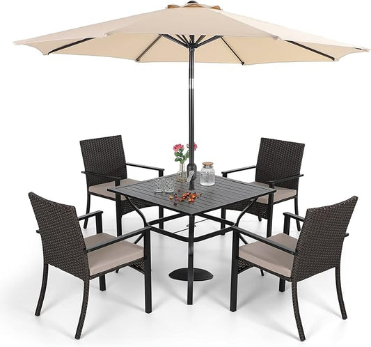 Sophia & William 5 Pieces Patio Dining Set with 9 ft Beige Patio Umbrella, Outdoor PE Rattan Chairs and Square Metal Table Set with Cushions and 1.57" Umbrella Hole for Poolside Porch Backyard