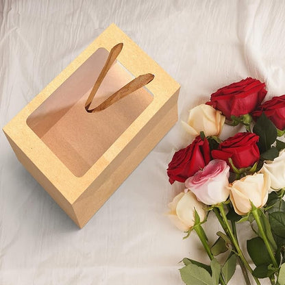 24 Pcs Brown Paper Gift Bags with Transparent Window, 9.84"x7.0"x5.12" Kraft Shopping Bags with Handles for Bouquet Christmas Birthdays Festivals Party Weddings Wrapping
