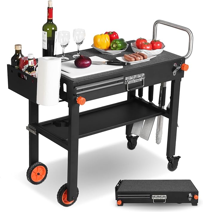 Outdoor Grill Cart - Foldable Grill Table, Blackstone Griddle Stand for 17"/22" Griddle, Portable Ninja Grill Stand with Large Space, Pizza Oven Stand, for Tailgating, Camping, RV