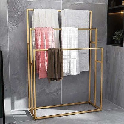 3 Tier Standing Towel Rack - Extra Wide Large Bathroom Towel Stand, Heavy-Duty Metal Towel Drying Rack for Poolside (Golden)