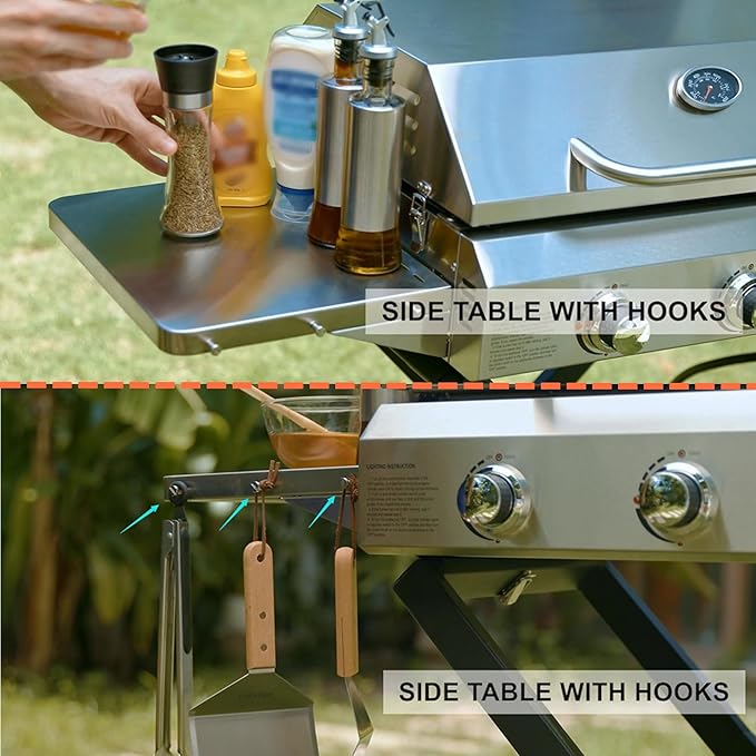 Portable Propane Gas Griddle 3-Burner with Foldable Cart & Side Table, Flat Top Gas Grill Griddle Stove with Lid, for Outdoor Cooking Patio Backyard Camping RV Tailgating Beach, GS310