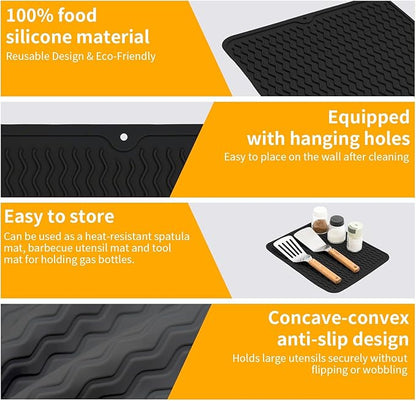 Grill Accessories, 14x11 Inch Silicone Heat Resistant Mat, BBQ Tool Rest Pad for Blackstone Griddle Side Shelf, Weber, Traeger, Outdoor Kitchen Countertop Protector (Black)