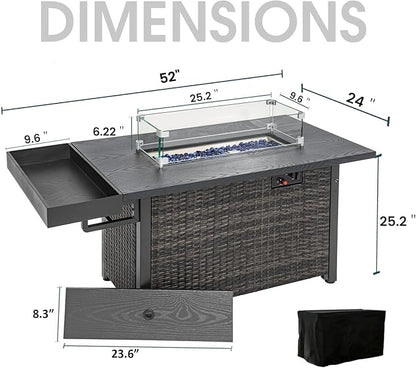 Sundale Outdoor 52 Inch Outdoor Fire Pit Table, 50,000 BTU Propane Fire Pits with Storage Shelf, Glass Wind Guard and Lid, Wicker Patio Gas Fire Pit for Outside Patio and Garden, CSA-Listed(Grey)