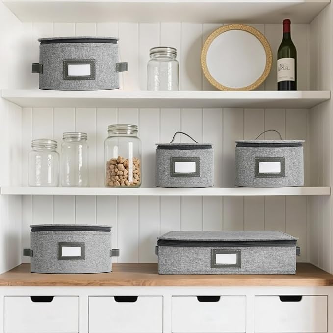 HOMELUX THEORY Dessert Plate Storage Box, 2pc Light Gray Hard Shell China Storage Containers With 24 Felt Pads, Kitchen Storage Bins With Lids, Heavy Duty Moving Box for Dishes & Dinner Plate
