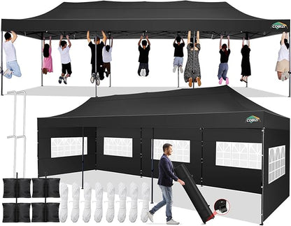 COBIZI 10x30 Pop up Canopy Tent 10x30 Canopy with 8 Sidewalls Waterproof Heavy Duty Commercial Tent for Parties Outdoor Garden Gazebo, Carry Bag with Wheel(10x30ft, Black)