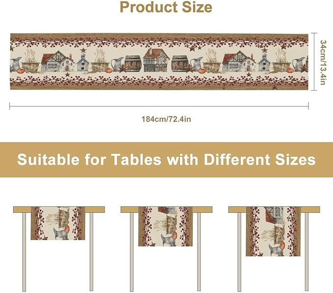 Western Texas Table Runner, Rustic Farmhouse Country Barn Berry Vintage Rural Houses Pumpkin Print Table Runner for Party Picnic Dining Kitchen Table Decor,13x60inch
