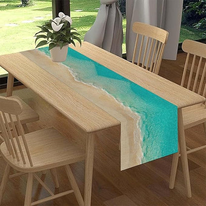 Blue Sea Waves Table Runner, Summer Turquoise Tropical Beach Sandy Ocean Clear Sea Water Coffee Table Center Deco, for Wedding Party Holiday and Living Room Table Decorations, 13" X 36"