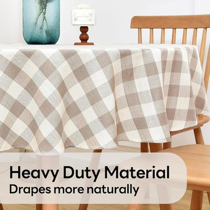 Gingham Table Cloth for Round Tables Beige Checkered Plaid Tablecloth Heavy Duty Cotton Blend Washable & Wrinkle Table Cover for Outdoor Kitchen Dining Picnic Camping (60 inch Diameter)
