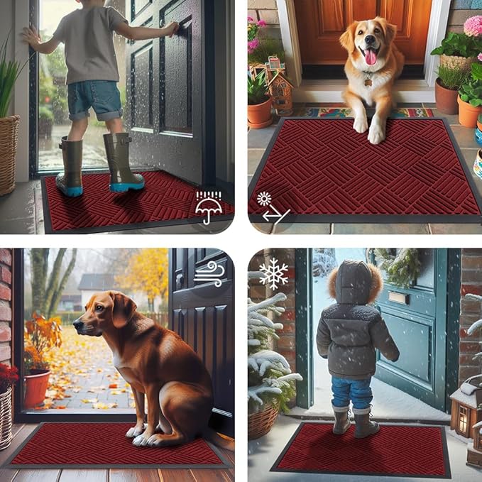 Smiry Front Door Mat Outside Entrance, Heavy Duty Outdoor Indoor Mat, Natural Rubber Doormat, Non Slip, Trap Dirt and Moisture, Easy Clean, Low Profile Patio Porch Entryway Mat, 47x32, Wine Red