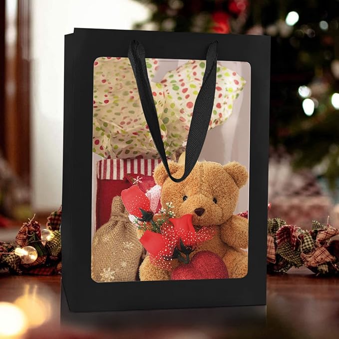 BallHull 12 Pcs Black Kraft Paper Gift Bags with Transparent Window, 9.84"x7.0"x5.12" Kraft Shopping Bags with Handles for Bouquet Christmas Birthdays Festivals Party Weddings Wrapping