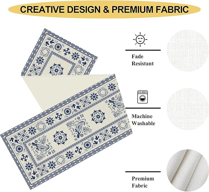 Mexican Table Runner, Blue Floral Birds Mexico Talavera Tiles Ceramic Dia De Los Muertos Coffee Table Center Decor for Family Kitchen and Dining Farmhouse Indoor Outdoor Table Decorations, 13"x90"
