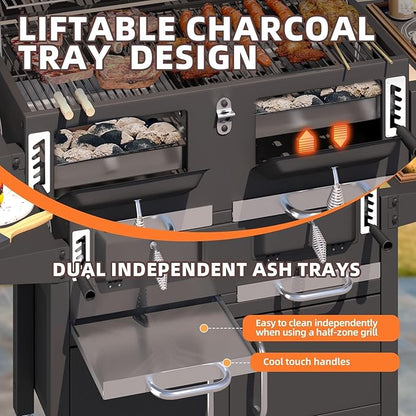 MELLCOM Charcoal Grills, 36 In Large BBQ Grill with Storage Cabinet, 620 Sq.In Oversized BBQ Area, Individual Lifting Charcoal Trays, Foldable Side Tables and Thermometer for Patio, Outdoor, Balcony
