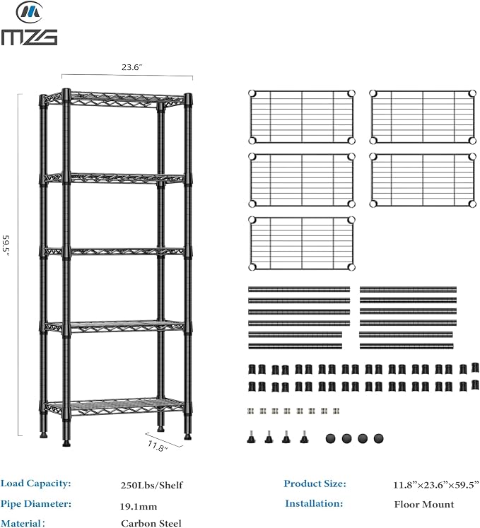 M MZG 1250 lbs 5 Tier Shelf Metal Storage Shelves Wire Rack Closet Organizers - Image 3