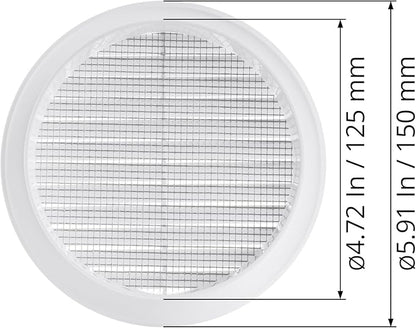 White 5" Inch Round Ventilation Grille with Insect mesh. (Duct 5Ø / Grille 6Ø) Ventilation Applications. Indoor and Outdoor Vent Cover. Available 3 Sizes / 4 Colors.