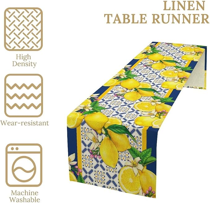 Yellow Lemon Table Runner, Spring Summer Seasonal Blue Tiles Watercolor Lemon Table Runner for Farmhouse Kitchen Indoor Outdoor Party Decor, 13x90inch