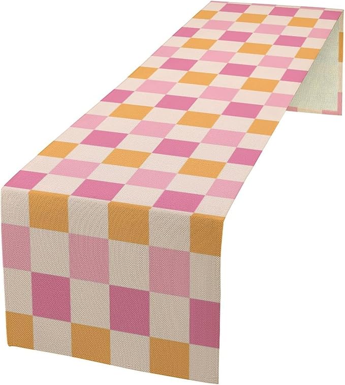 Pink Checkered Table Runner, Vintage 70s Abstract Cute Modern Hippie Table Runner for Party Kitchen Dining Home Outdoor 13x36in