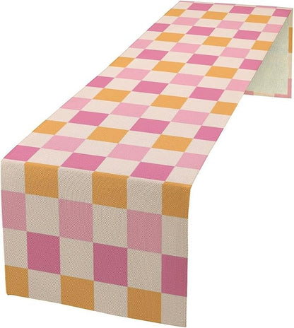 Pink Checkered Table Runner, Vintage 70s Abstract Cute Modern Hippie Table Runner for Party Kitchen Dining Home Outdoor 13x90in