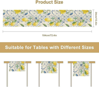Vintage Lemon Table Runner, Watercolor Yellow Lemons Blue Tiles Spring Summer Seasonal Kitchen Dining Table Decoration for Indoor Outdoor Party, 13x108inch