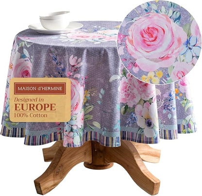 Maison d' Hermine Table Cloth Round Table 100% Cotton 69 Inches Tablecloth Reusable Decorative for Dining Room, Farmhouse, Home, Party, Festive & Wedding Spring Summer - Sweet Rose Lavender - Lush