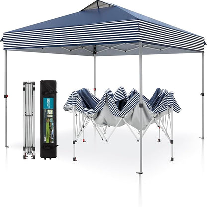 PHI VILLA Pop Up Canopy 10 10 Tents for Parties with Wheeled Bag, Portable Lightweight Folding w/Adjustable Height,Blue and White Stripes