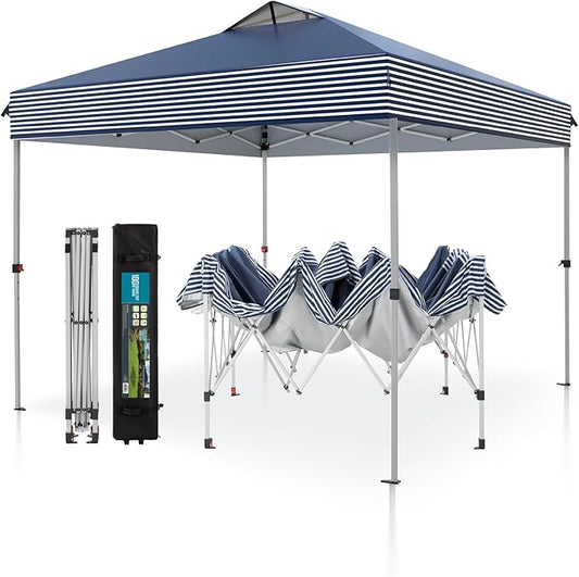 PHI VILLA Pop Up Canopy 10 10 Tents for Parties with Wheeled Bag, Portable Lightweight Folding w/Adjustable Height,Blue and White Stripes