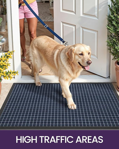 DEXI Front Door Mat Outside Entrance, 2x3 ft Rubber Entry Doormat Heavy Duty, Welcome Mats Non Slip for Inside House Floor Entryway Back Doors Exterior Patio, Squares Blue
