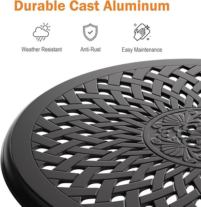 Cast Aluminum Outdoor Side Table, All Weather Round Bistro Table, Outdoor Coffee Table, Small End Table for Patio, Indoor, Lawn, Garden, Black