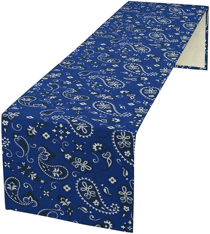 Blue Paisley Table Runner, Vintage Damask Antique Floral Flower Boho Damask Swirled Rustic Coffee Table Center Decor for Family Kitchen and Living Room Outdoor Table Decorations, 13"x108"