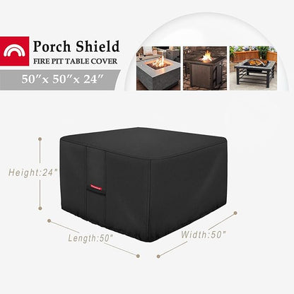 Porch Shield Fire Pit Cover - Waterproof 600D Heavy Duty Fade Resistant Square Patio Fire Pit Table Cover Black - 50 x 50 inch