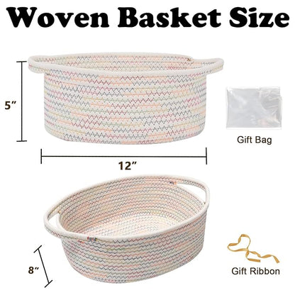 Gift Basket with Gift Bag and Ribbons,Small Rope Woven Shelf Storage,Baskets for Gifts Empty,Birthday,Baby Shower,Decorative Organizer Box with Handles(Colorful Thread)