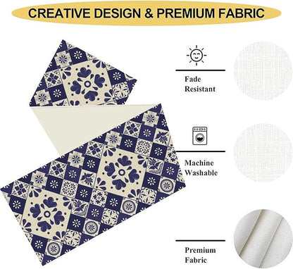 Mexican Table Runner, Blue Floral Birds Mexico Talavera Ceramic Dia De Los Muertos Coffee Table Center Decor for Family Home Kitchen and Dining Farmhouse Indoor Outdoor Table Decorations, 13" X 72"