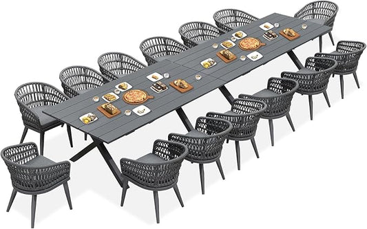 PURPLE LEAF 16 Pieces Outdoor Dining Set All-Weather PE Rattan Outdoor Patio Furniture Set with All Aluminum Frame Rectangular Table and Chairs Set for Lawn Garden Backyard Deck, Grey