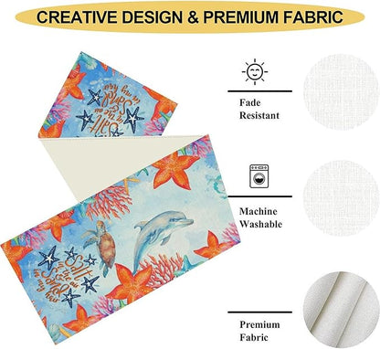 Summer Ocean Table Runner, Blue Sea Coastal Nautical Starfish Turtle Dolphin Seashell Undersea Table Runner Seasonal Holiday Home Kitchen Dining Table for Home Party Decor 13"x36"