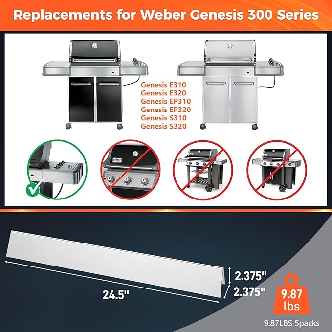 QuliMetal 24.5 Inch Flavorizer Bars for Weber Genesis 300 Series Grills with Side Controls Knobs, Genesis E310 E320 S310 S320 EP310 EP320 (2007-2010), Stainless Steel Heat Plates for Weber 7539 7540