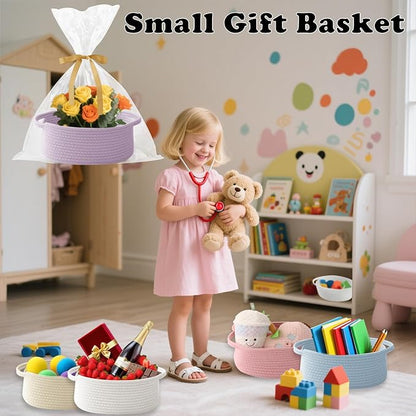 Gift Basket with Gift Bag and Ribbons,Small Rope Woven Shelf Storage,Baskets for Gifts Empty,Birthday,Baby Shower,Decorative Organizer Box with Handles(Purple)
