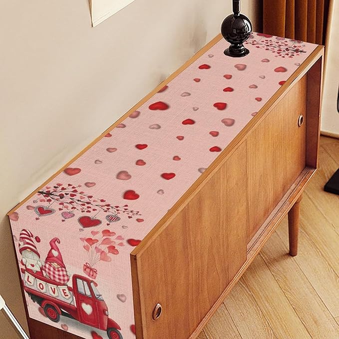 Valentines Day Table Runner,Pink Red Heart Gnomes Truck Balloon Valentines Runner for Table Seasonal Cute Decor for Indoor Outdoor Dining Table Decorations, 13"x90"
