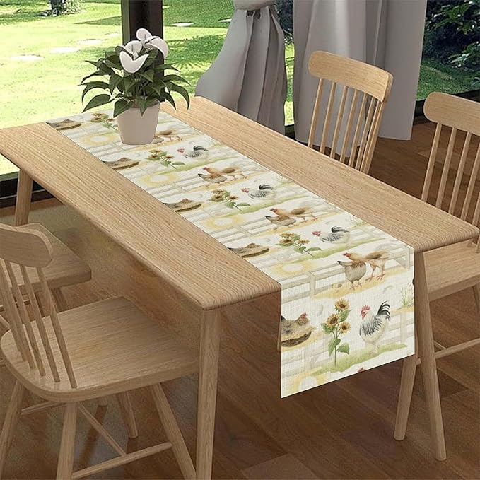 Farmhouse Rooster Table Runner, Sunflower Rooster Retro Farmhouse Sun Country Wooden Fence Chicken Coffee Table Center Decor for Home Kitchen Dining Patio Holiday Party Table Decorations 13"x72"